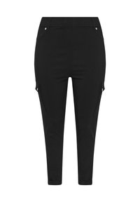 Pantaloni neri realizzati in tessuto liscio con un design attillato, dotati di tasche laterali e gamba affusolata, rifiniti con un risvolto alla caviglia.