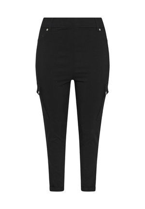 Pantaloni neri realizzati in tessuto liscio con un design attillato, dotati di tasche laterali e gamba affusolata, rifiniti con un risvolto alla caviglia.