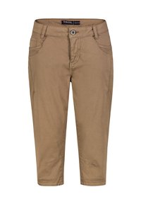 Khakifarbene Capri-Hosen aus Baumwolle, mit Fronttaschen, einem Knopfverschluss und dezenten Nähten an den Seiten.