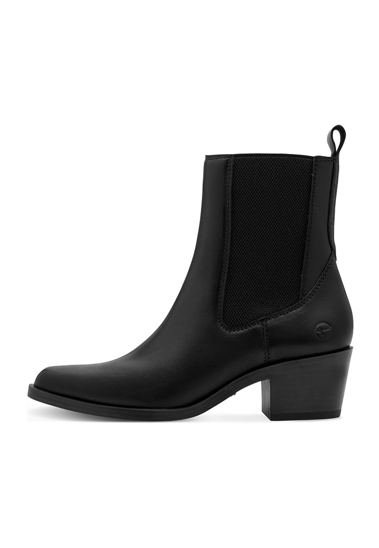 Schwarze Leder-Ankle Boots mit runder Zehenpartie und einem moderaten Absatz. Mit elastischen seitlichen Einsätzen und einer Zuglasche für einfaches An- und Ausziehen. Glatte Textur.