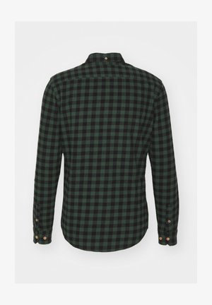 Grøn- og sortternet langærmet skjorte med krave, knappede manchetter og buet kant. Lavet af blød, struktureret stof.