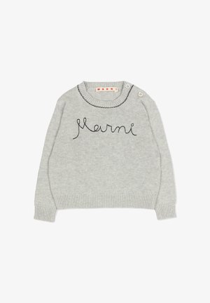 Pull gris en maille avec logo "Marni" brodé en noir. Présente un col rond, des coutures décoratives et deux boutons d'accent sur l'épaule.