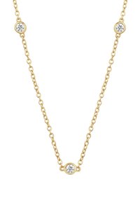 Guld kædehalskæde med jævnt spaced cirkulære led, fremhævet med tre runde klare krystaller. Glat tekstur, moderne design.