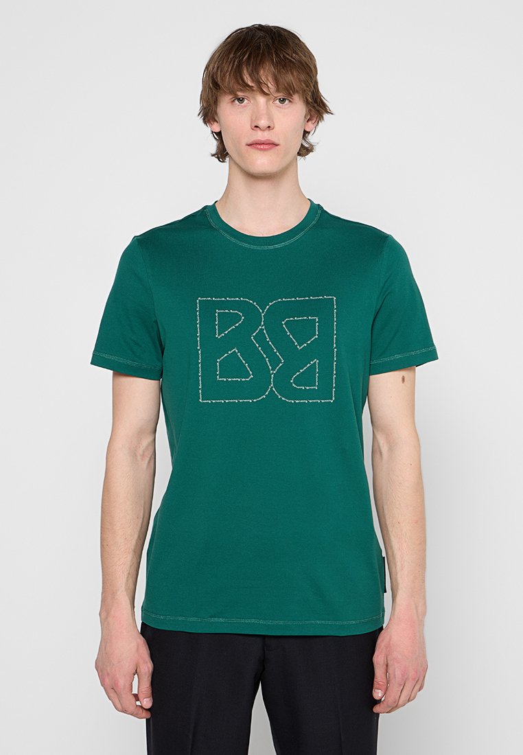 Grünes Baumwoll-T-Shirt mit einem gestickten doppelten "B"-Logo in Weiß. Klassischer Rundhalsausschnitt und kurze Ärmel mit lockerer Passform.