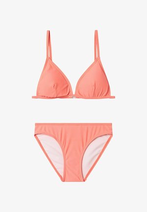 Coral bikini set featuring a triangle bralette with adjustable straps and matching bottoms. Made from stretchy, smooth fabric.