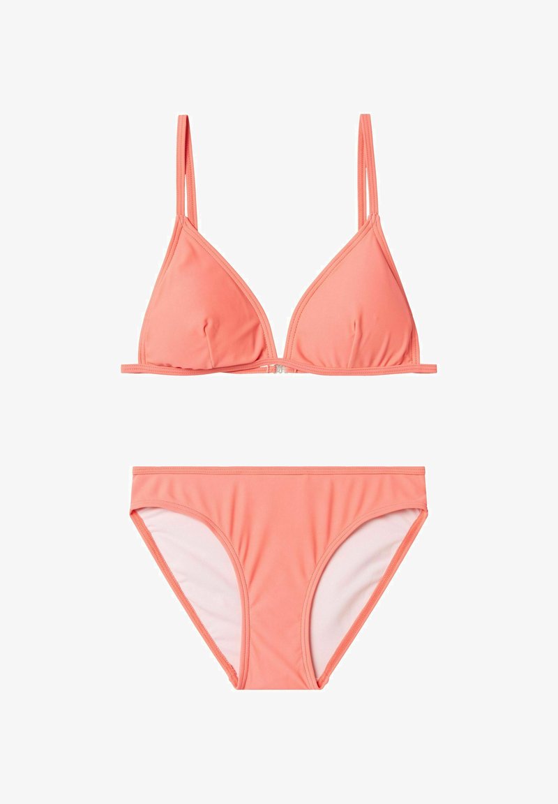 Koralen bikini set z triangličastim zgornjim delom s prilagodljivimi naramnicami in ujemajočimi spodnjimi deli. Narejen iz raztegljivega, gladkega materiala.
