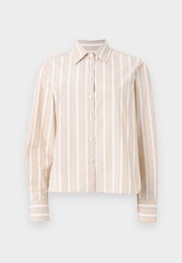 Chemise à rayures verticales beige et blanche, manches longues boutonnées, col pointu et manches avec poignets, sur fond uni.