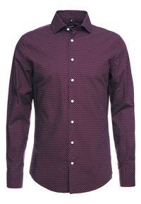Camicia button-up color bordeaux con un motivo geometrico bianco, maniche lunghe, colletto classico e bottoni bianchi lungo la parte frontale. Tessuto morbido.