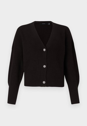 Μαύρο πλεκτό ζακέτα με V-λαιμόκοψη, μακριά μανίκια, ριμπ μανσέτες και τρία διακοσμητικά ασημένια κουμπιά μπροστά.