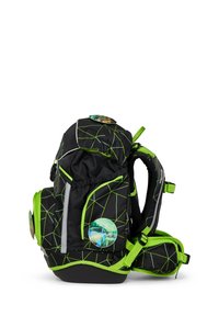 Black backpack with green geometric patterns, multiple compartments, adjustable straps, and round graphic patches on the sides.