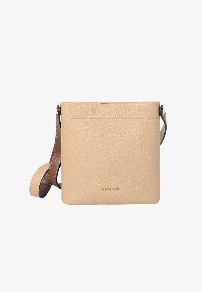 Borsa a tracolla in pelle texture beige con tracolla regolabile marrone e piccolo logo dorato del marchio al centro frontale.