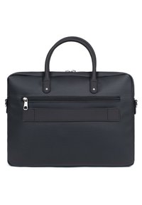Zwarte laptoptas van textuurstof, met twee bovenhandvaten, een voorkant met ritszak en een gladde achterkant met een horizontale sleuf.