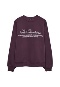 Bordeaux mikina s okrúhlym výstrihom, vo voľnom strihu. Na prednej strane biele písmeno: "The Hamptons" a "Každý dobrý deň začína na Long Islande, jednoducho sa objavte a ovládnite to."