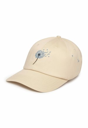 Casquette de baseball beige avec un pissenlit bleu brodé soufflant des graines sur le panneau avant, avec des trous de ventilation cousus et une visière incurvée.