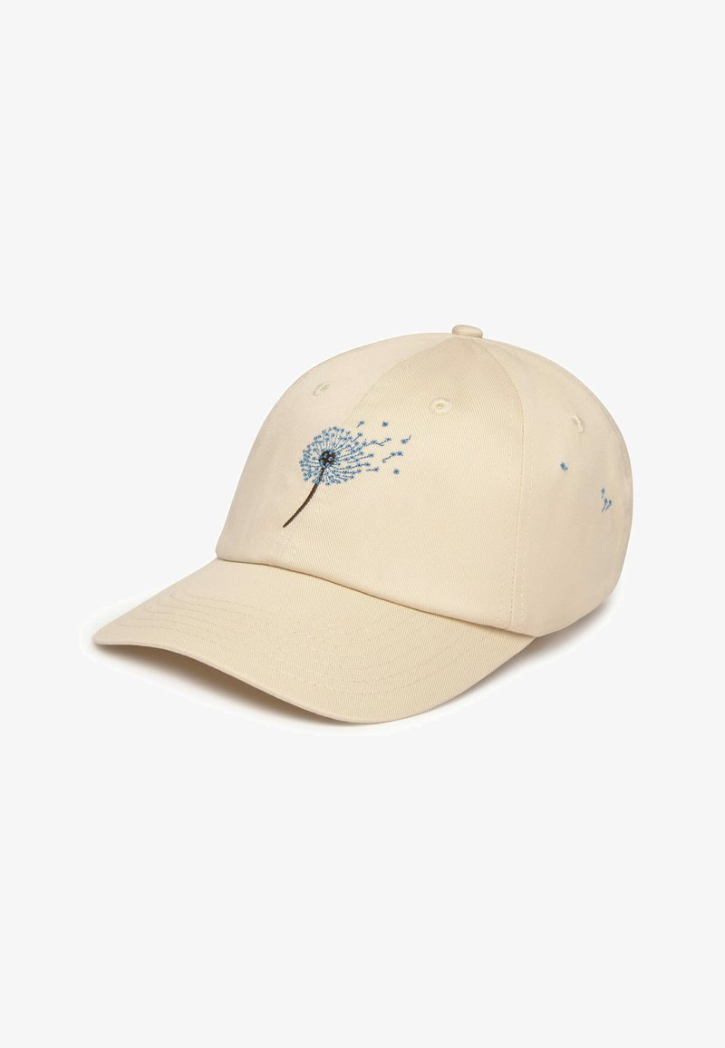 Casquette de baseball beige avec un pissenlit bleu brodé soufflant des graines sur le panneau avant, avec des trous de ventilation cousus et une visière incurvée.
