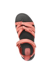Sport sandaler med svart sula och korallfärgade remmar. Remmarna är tillverkade av tyg med en texturerad yta. Justerbart spänne för passform.