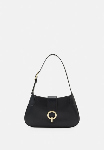 Black leather handbag with a curved silhouette, short strap, central gold-tone hardware, and smooth texture. No visible patterns or accents.