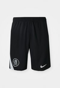 Sorte atletiske shorts lavet af letvægtsstof, med elastisk talje, sideslidser og et hvidt Nike-logo med et klubemblem.