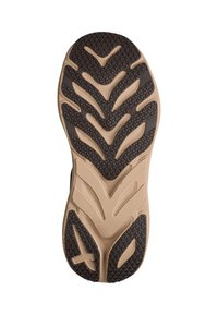 Semelle de chaussure avec une base beige et un motif texturé marron foncé avec des motifs chevrons et géométriques pour l'adhérence et la traction.
