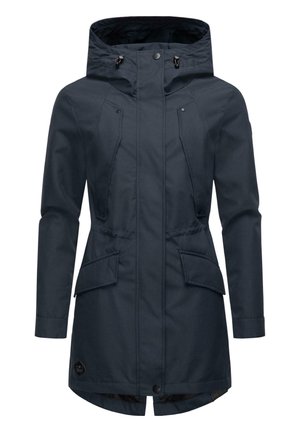 Navy blue waterproof coat with a hood, zip and snap closures, two front pockets, and a slightly elongated hem for added coverage.
