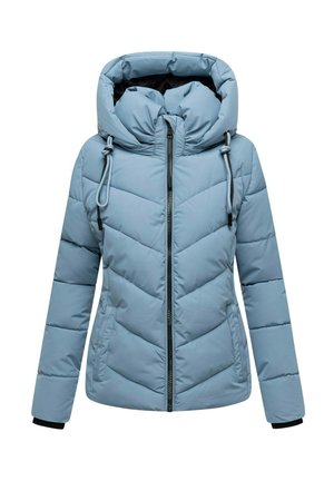 Helle blaue Pufferjacke mit abnehmbarer Kapuze, Reißverschluss, diagonaler Naht und elastischen Bündchen. Verfügt über zwei Seitentaschen.