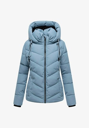 Lichtblauwe pufferjack met een afneembare capuchon, ritssluiting, diagonale stiksels en elastische manchetten. Bevat twee zijzakken.