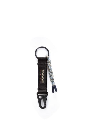 Sort nøglering med stofrem mærket Napapijri, flettet blå og hvid snor, metalclips og rund nøgle-ring på hvid baggrund.
