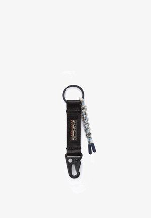 Sort nøglering med stofrem mærket Napapijri, flettet blå og hvid snor, metalclips og rund nøgle-ring på hvid baggrund.