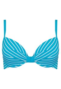 Turkusowy biustonosz z białymi poziomymi paskami, modelowane miseczki i środkowy detal w formie skrętu. Regulowane ramiączka dla dopasowania.