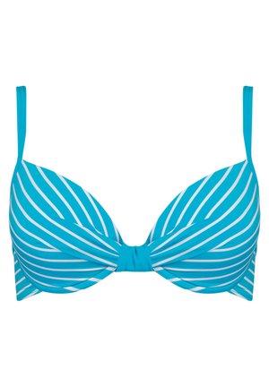 Turkusowy biustonosz z białymi poziomymi paskami, modelowane miseczki i środkowy detal w formie skrętu. Regulowane ramiączka dla dopasowania.