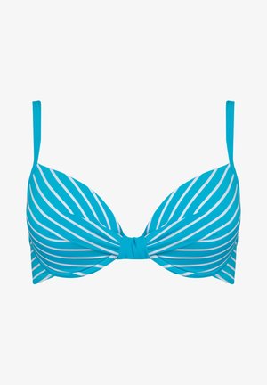 Turkusowy biustonosz z białymi poziomymi paskami, modelowane miseczki i środkowy detal w formie skrętu. Regulowane ramiączka dla dopasowania.