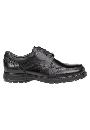 Scarpe eleganti in pelle nera con finitura liscia, punta rotonda, design con lacci e suola in gomma con accenti texture per stabilità.