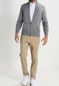 Grå ziptröja över en vit polo, ihop med beige chinos och vita sneakers. Tröjan har hög krage och ribbade manschetter.