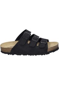 Black suede slide sandal with three adjustable straps, cork footbed, textured rubber sole, and a minimalist design.