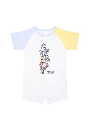 Combinaison à manches courtes avec des accents bleus et jaunes, corps blanc présentant des graphiques de fruits de mer en dessin animé, et fermetures à pression au bas.
