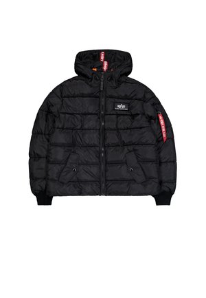 Mustalest puffer-jakk, millel on kapuuts, narmastikujundus, eesmine lukustus, elastsed mansetid, kaks küljetaskut ja logoäpp rinnal.