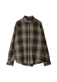 Chemise à manches longues boutonnée avec motif à carreaux marron et noir, col pointu et manches à poignets.