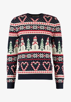 Marineblauwe trui met sneeuwman, boom en hartpatronen in rood, wit en groen. Gebreide textuur met ribbels aan de mouwen en onderkant.