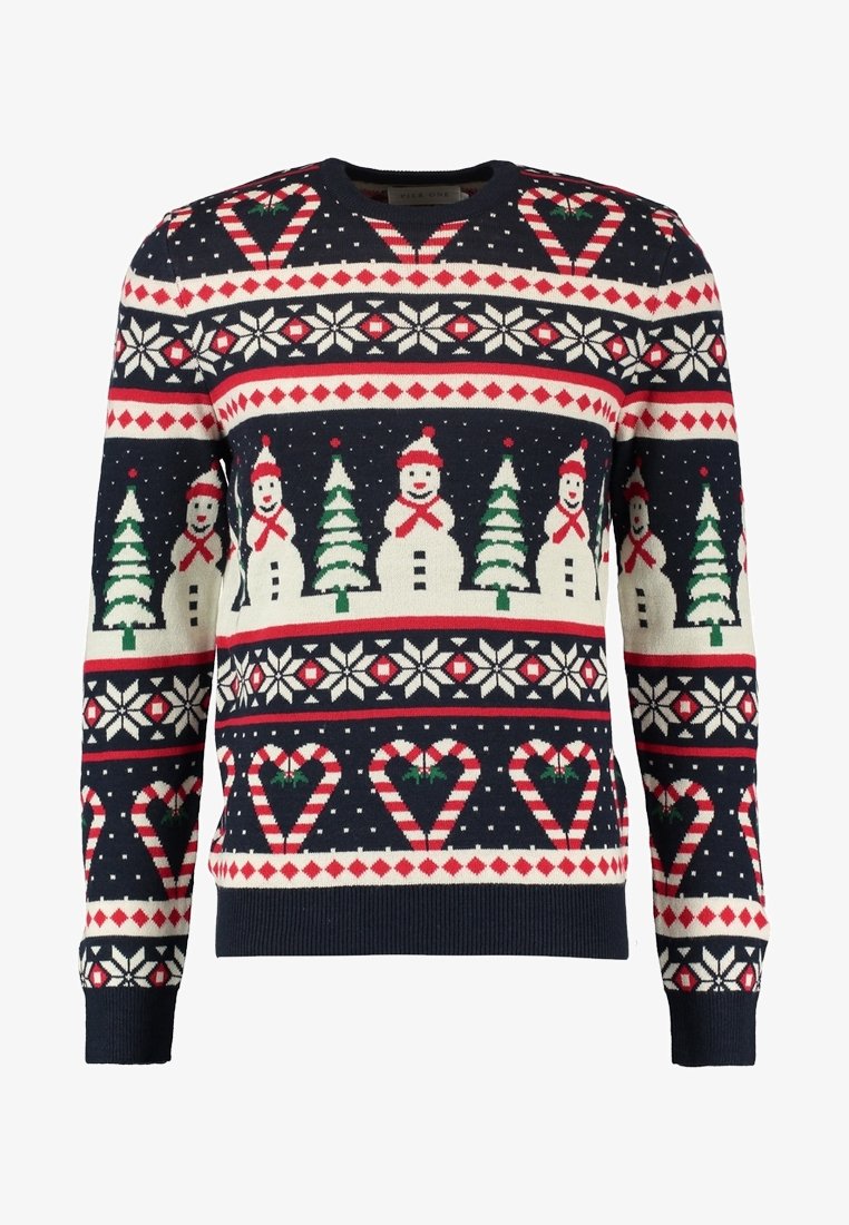 Dunkelblauer Pullover mit Mustern von Schneemann, Baum und Herzen in Rot, Weiß und Grün. Strickstruktur mit gerippten Bündchen und Saum.