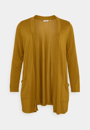 Langærmet kardigan i åben forzijde i sennepsgul med to forlommer, lavet af blødt, letvægtsstof.