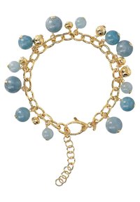 Pulsera de cadena de oro adornada con cuentas redondas de color azul claro y acentos de oro texturizados, que cuenta con un cierre de langosta y longitud ajustable.