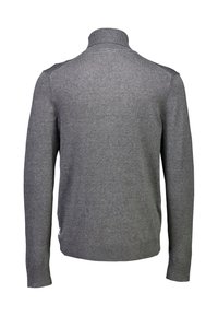 Grauer Pullover mit hohem Kragen, langen Ärmeln und glatter Textur. Minimalistisches Design ohne sichtbare Muster oder Hardware.