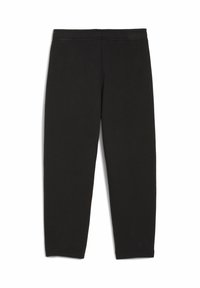 Sorte bomuldsleggings med elastisk talje og tapered ben, der har en glat tekstur uden synlige mønstre eller detaljer.