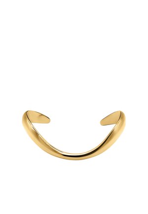 Smooth, shiny gold cuff bracelet with an open design and curved ends on a white background.