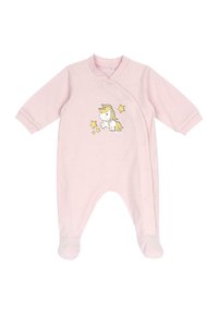 Rosa bomullskombination för spädbarn med lång ärm, omslagdesign, fötter och en enhörning med stjärnor på framsidan.
