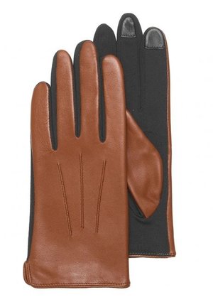 Paire de gants en cuir marron et tissu noir, avec des bouts compatibles avec l'écran tactile sur les index et les pouces.