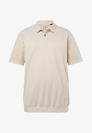 Beżowa koszulka polo z krótkim rękawem, z dwoma czarnymi guzikami, prążkowanymi mankietami i dopasowanym pasem.