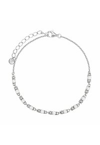 Srebrna bransoletka z naprzemiennymi białymi perłami i przezroczystymi kryształami, z zapięciem typu homar i regulowanym łańcuchem do dostosowania długości.