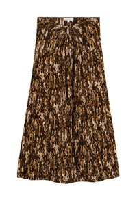 Jupe midi plissée en imprimé léopard marron et beige avec un détail de nœud à l'avant et de petits boutons décoratifs à la taille.