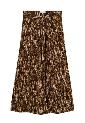 Braun-beige Leopardprint Faltenrock in Midi-Länge mit einer Frontknotendetail und kleinen dekorativen Knöpfen am Bund.